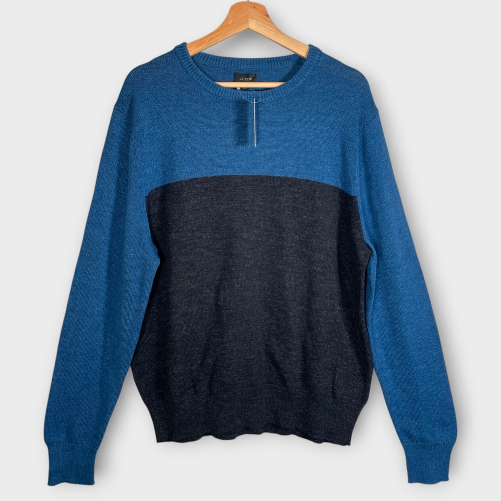 J CREW Sweater Mens LARGE Blue Colorblock Cotton Wool Crew Neck Pullover NEW